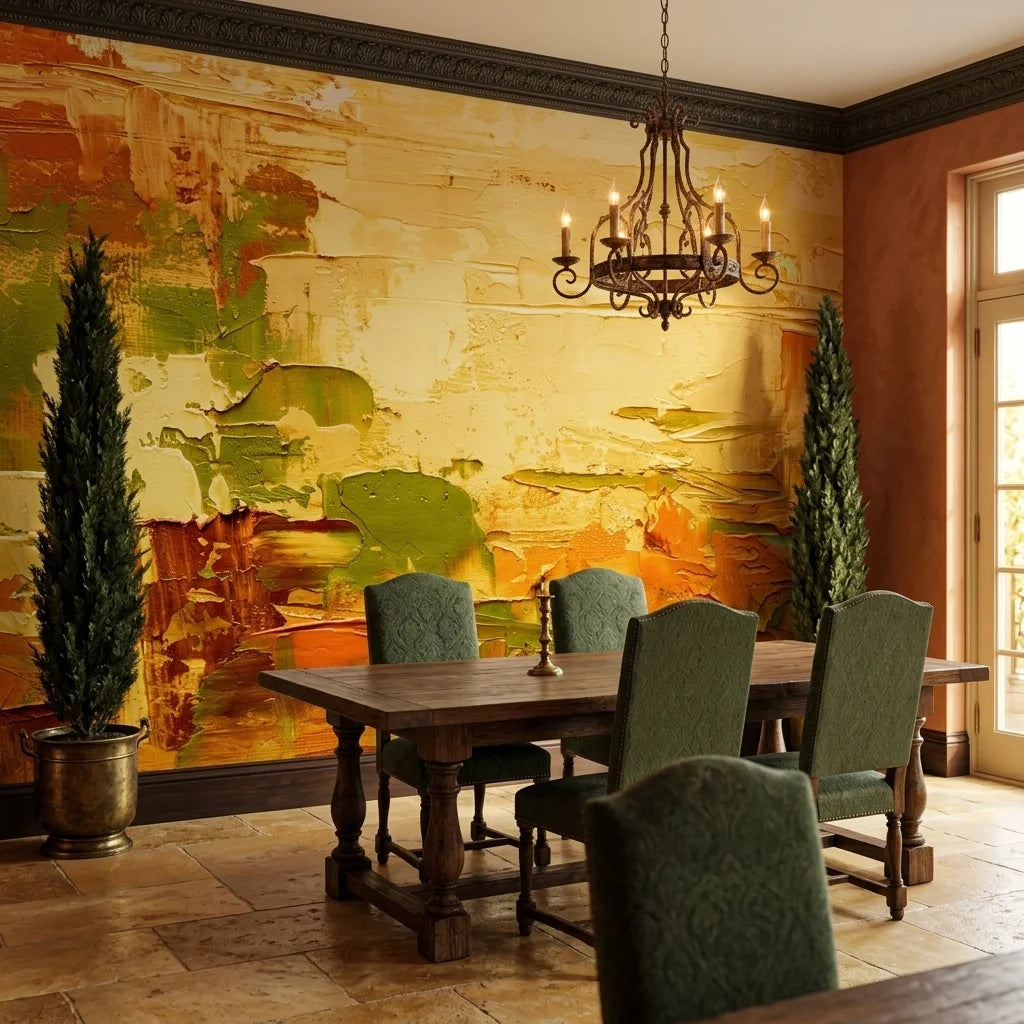 Butter & Gold warm yellow abstract impasto wallpaper as a feature wall in a bright home office