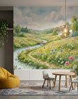 Buttercup Brook wildflower meadow mural wallpaper featuring stream and rolling hills in modern dining room