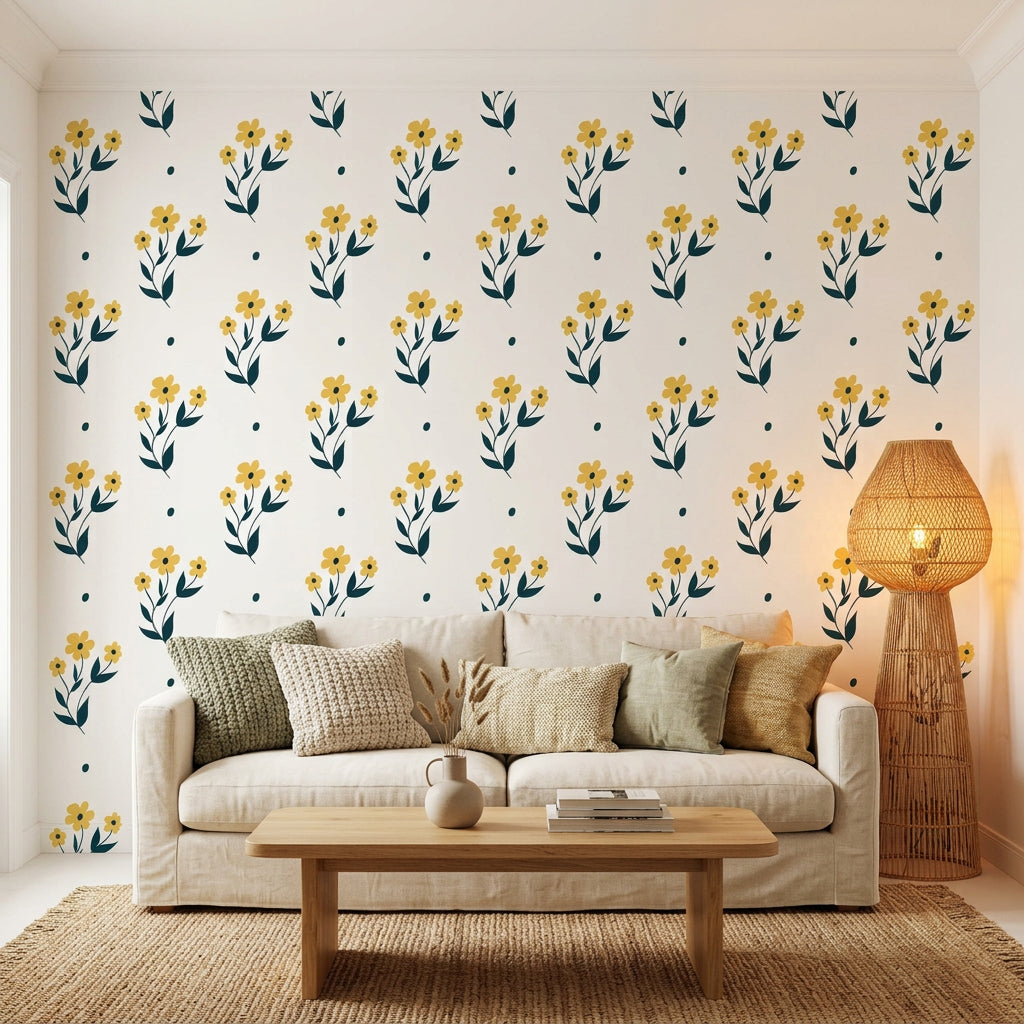 Buttercup Meadow yellow floral wallpaper in a warm and inviting living room