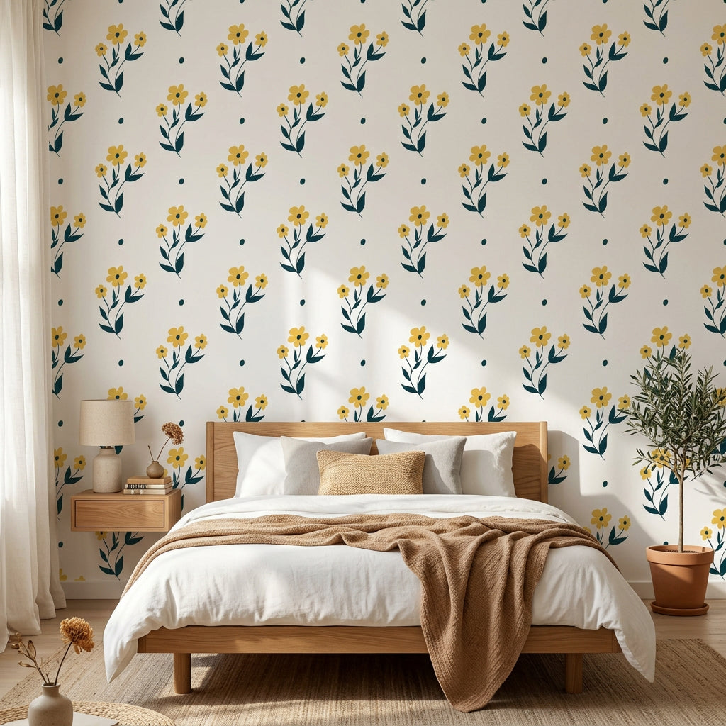 Buttercup Meadow yellow floral wallpaper adding character to a cozy bedroom