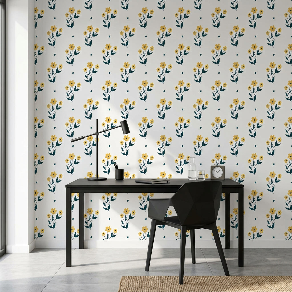 Buttercup Meadow yellow floral wallpaper as a feature wall in a bright home office