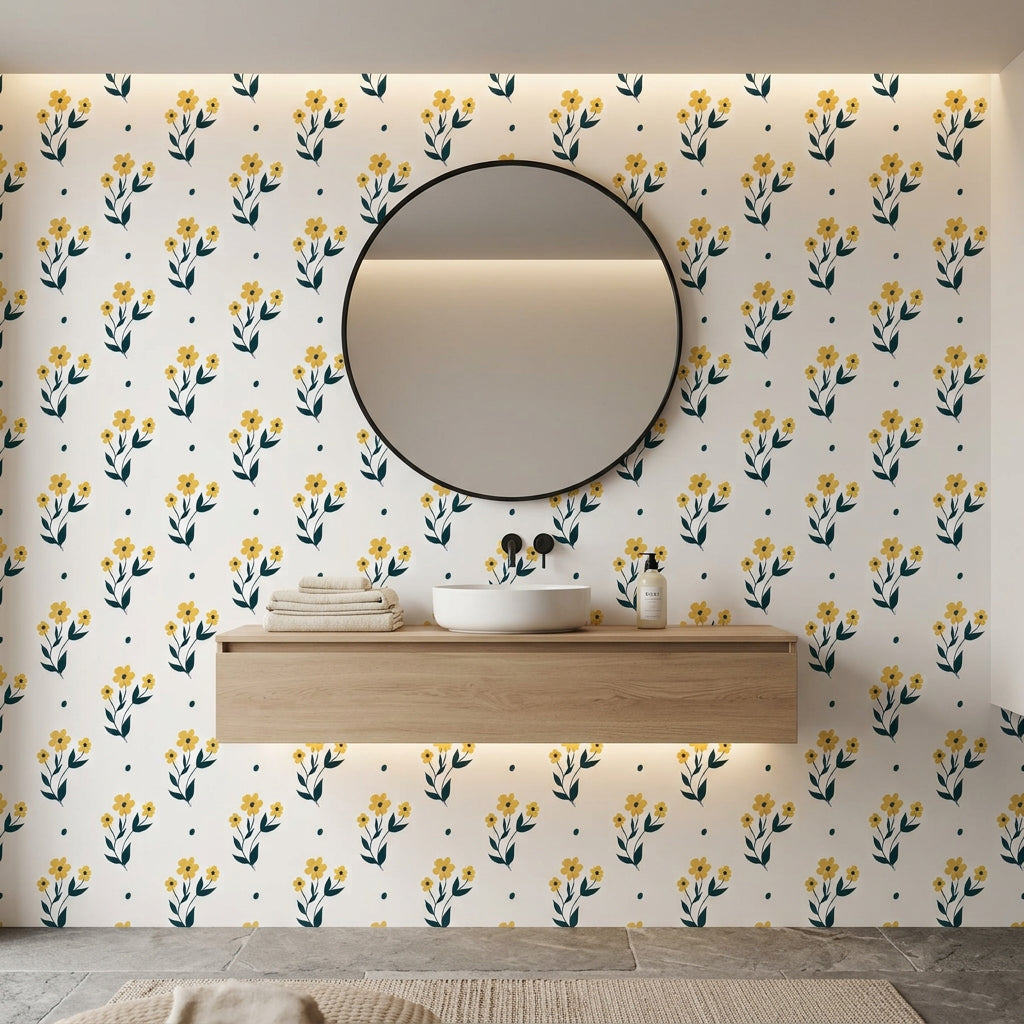 Buttercup Meadow yellow floral wallpaper creating ambiance in a serene bathroom