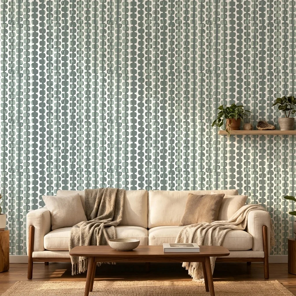 Cactus Lane serene green abstract wallpaper in a warm and inviting living room