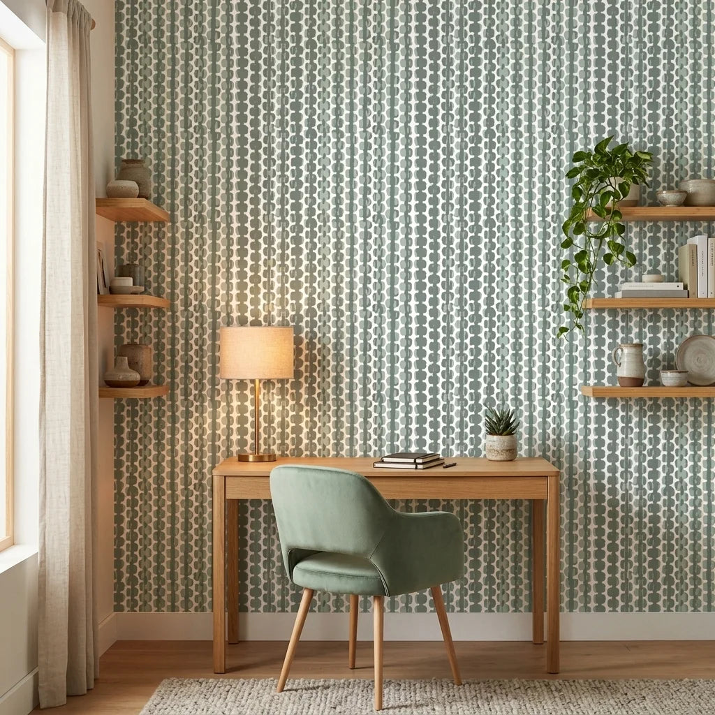 Cactus Lane serene green abstract wallpaper as a feature wall in a bright home office