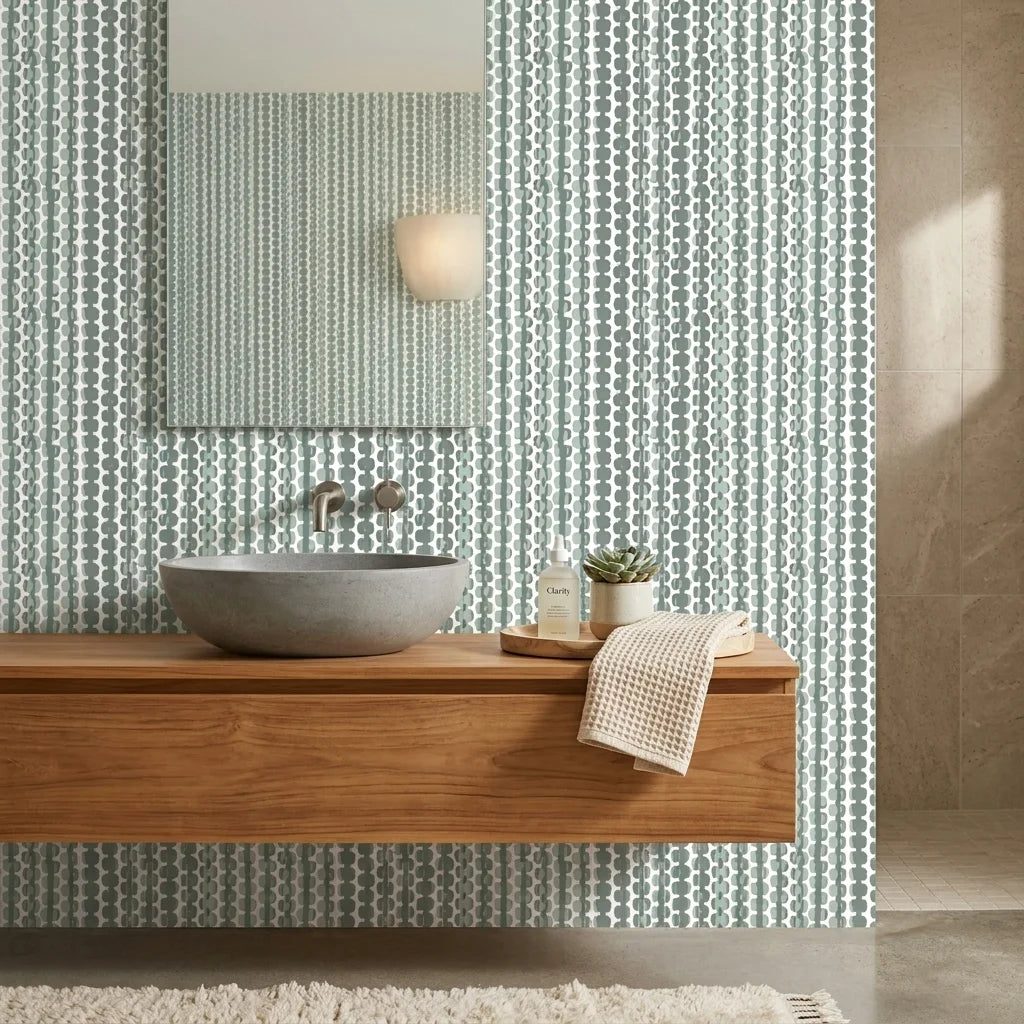 Cactus Lane serene green abstract wallpaper creating ambiance in a serene bathroom