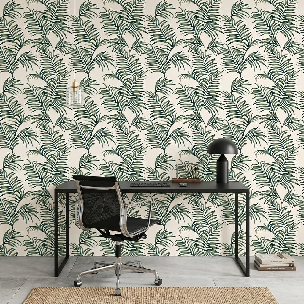 Calm Ferns as a feature wall in a bright home office