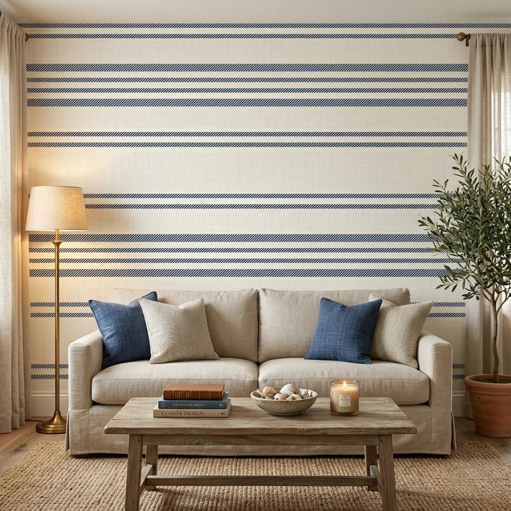Calm Weave navy blue diagonal stripe wallpaper in a warm and inviting living room