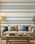 Calm Weave navy blue diagonal stripe wallpaper in a warm and inviting living room