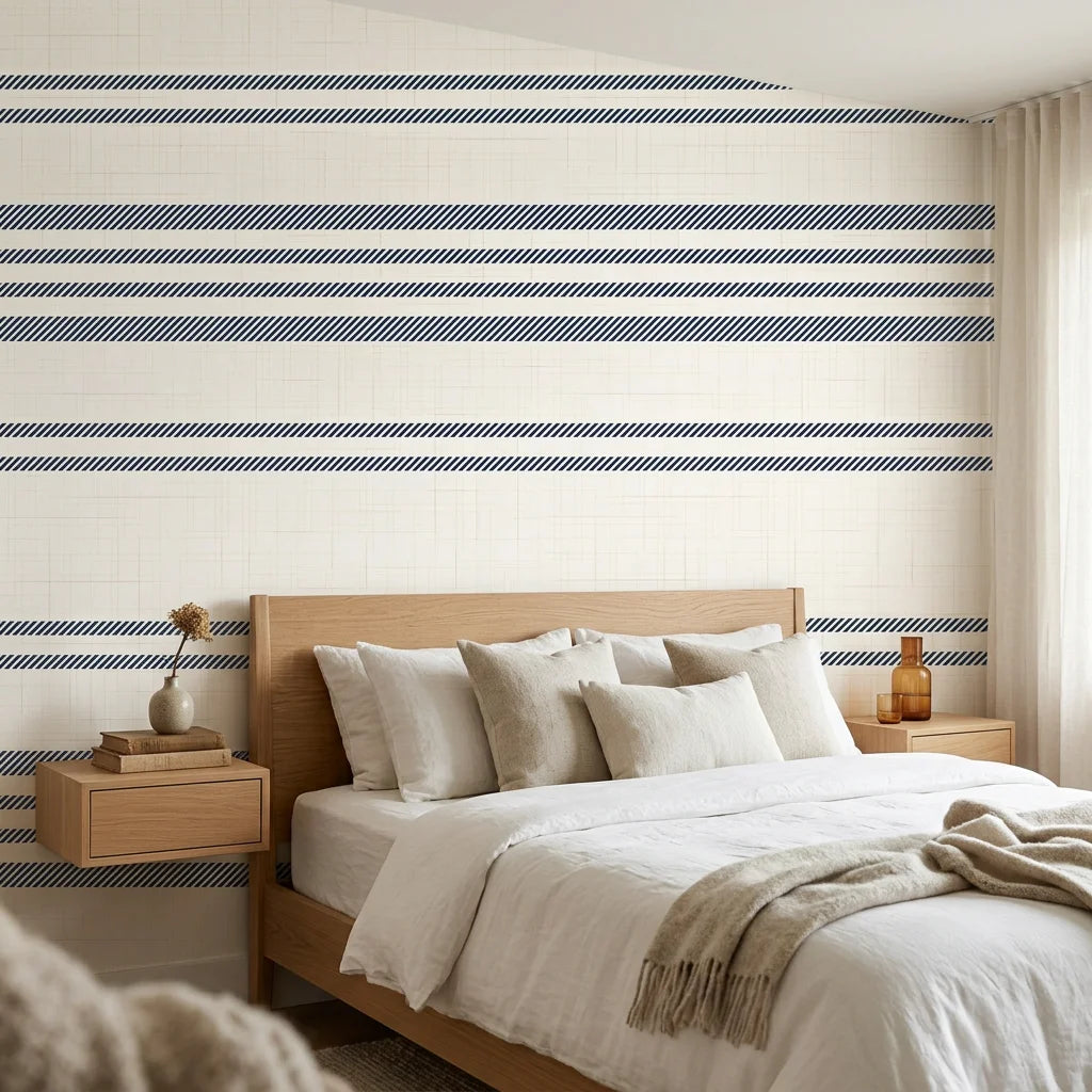 Calm Weave navy blue diagonal stripe wallpaper adding character to a cozy bedroom