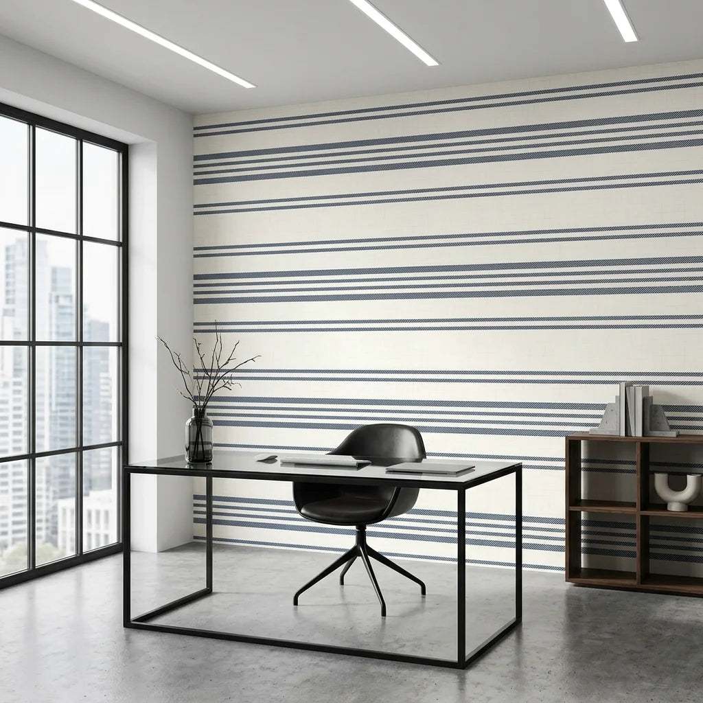 Calm Weave navy blue diagonal stripe wallpaper as a feature wall in a bright home office