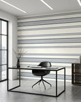 Calm Weave navy blue diagonal stripe wallpaper as a feature wall in a bright home office