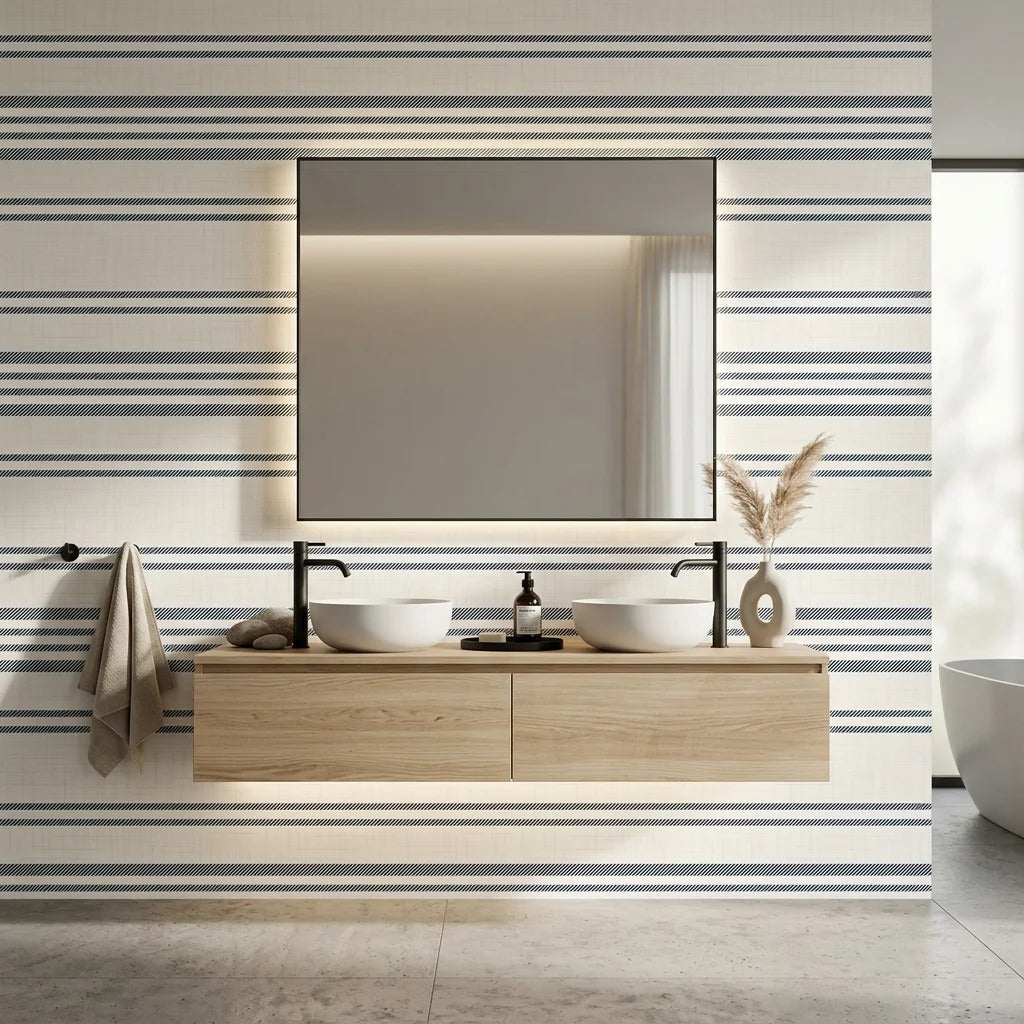 Calm Weave navy blue diagonal stripe wallpaper creating ambiance in a serene bathroom