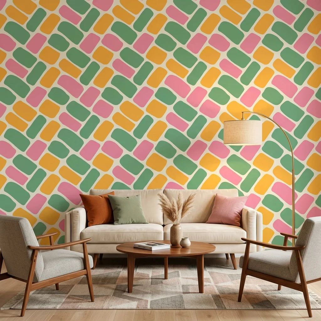 Candy Cobbles colorful retro geometric brick wallpaper in a warm and inviting living room