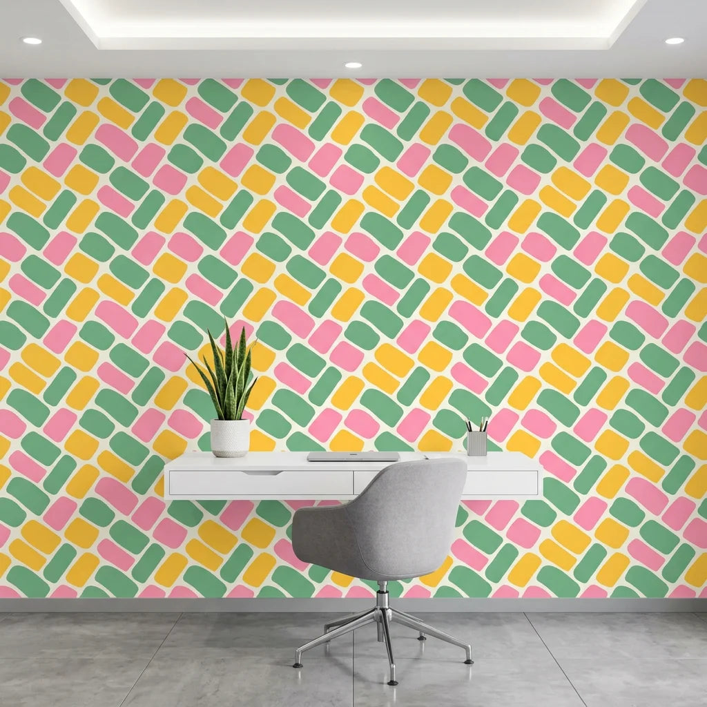 Candy Cobbles colorful retro geometric brick wallpaper as a feature wall in a bright home office