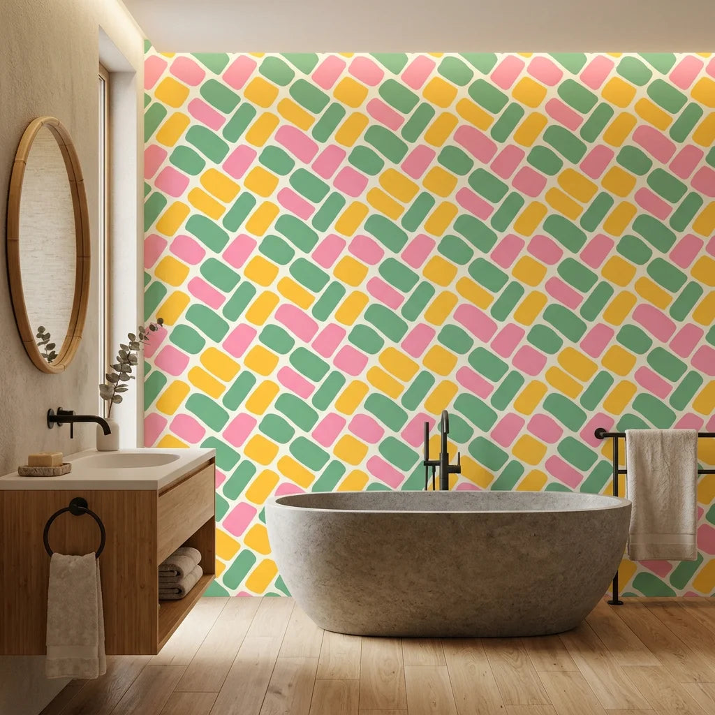 Candy Cobbles colorful retro geometric brick wallpaper creating ambiance in a serene bathroom