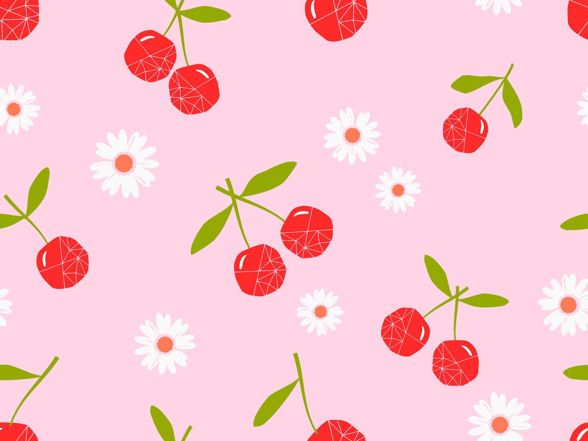Geometric red cherry and white daisy peel and stick wallpaper - Candy Bloom