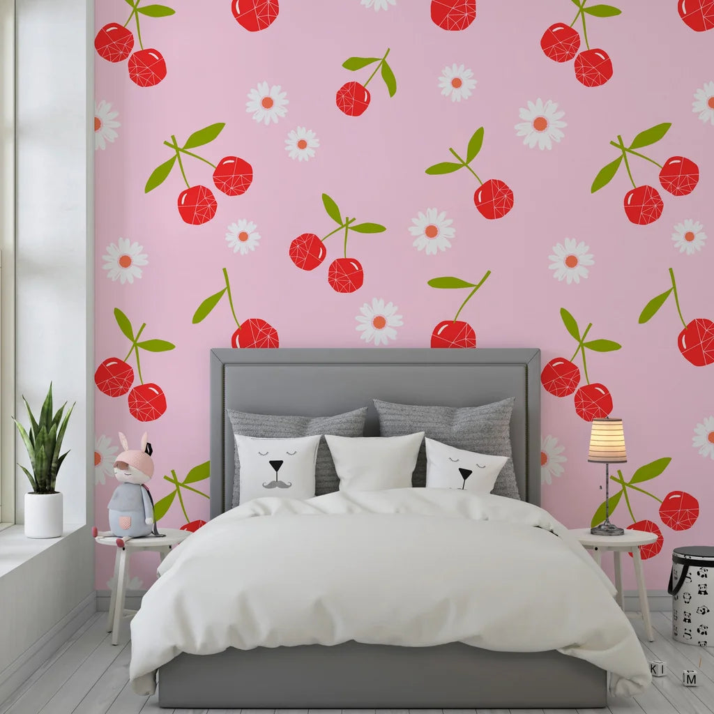 Red cherries and white daisies arranged in a geometric layout on self-adhesive wallpaper - Candy Bloom