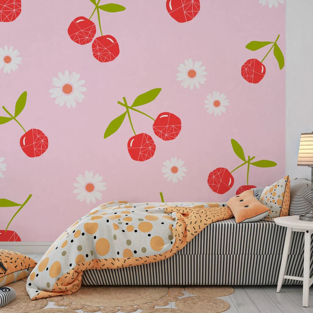 Retro-inspired geometric wallpaper featuring vibrant red cherries and crisp white daisy motifs - Candy Bloom