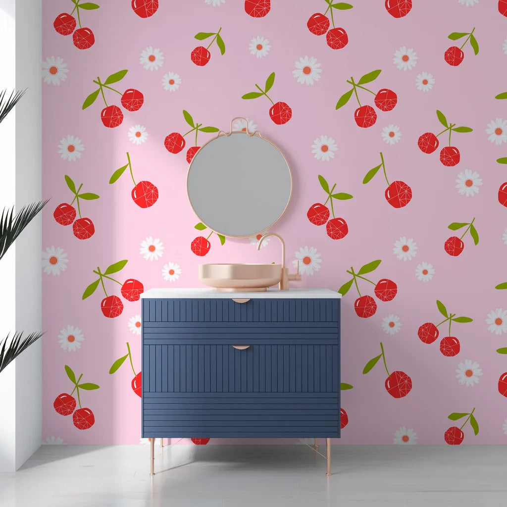Peel and stick wall covering with a repeating pattern of bold red cherries and delicate white flowers - Candy Bloom