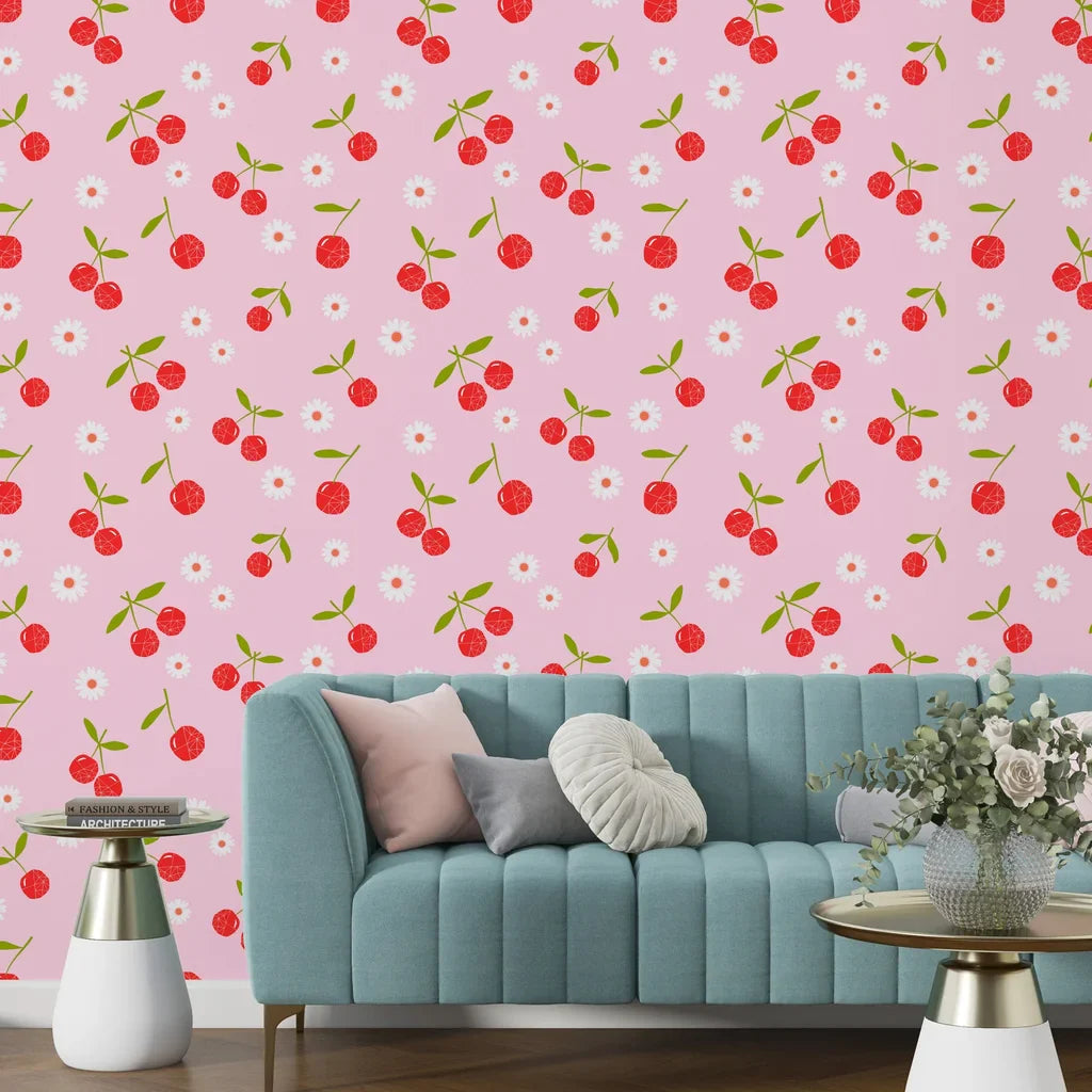 Stylized cherry and daisy pattern in red and white set against a structured geometric backdrop - Candy Bloom