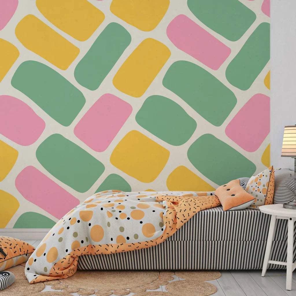 Self-adhesive wall covering featuring a sleek grid of polished soft-edged colorful blocks - Candy Cobbles
