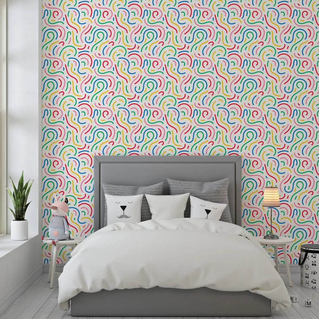Vibrant rainbow speckled waves decorate this self-adhesive wall covering. - Candy Currents