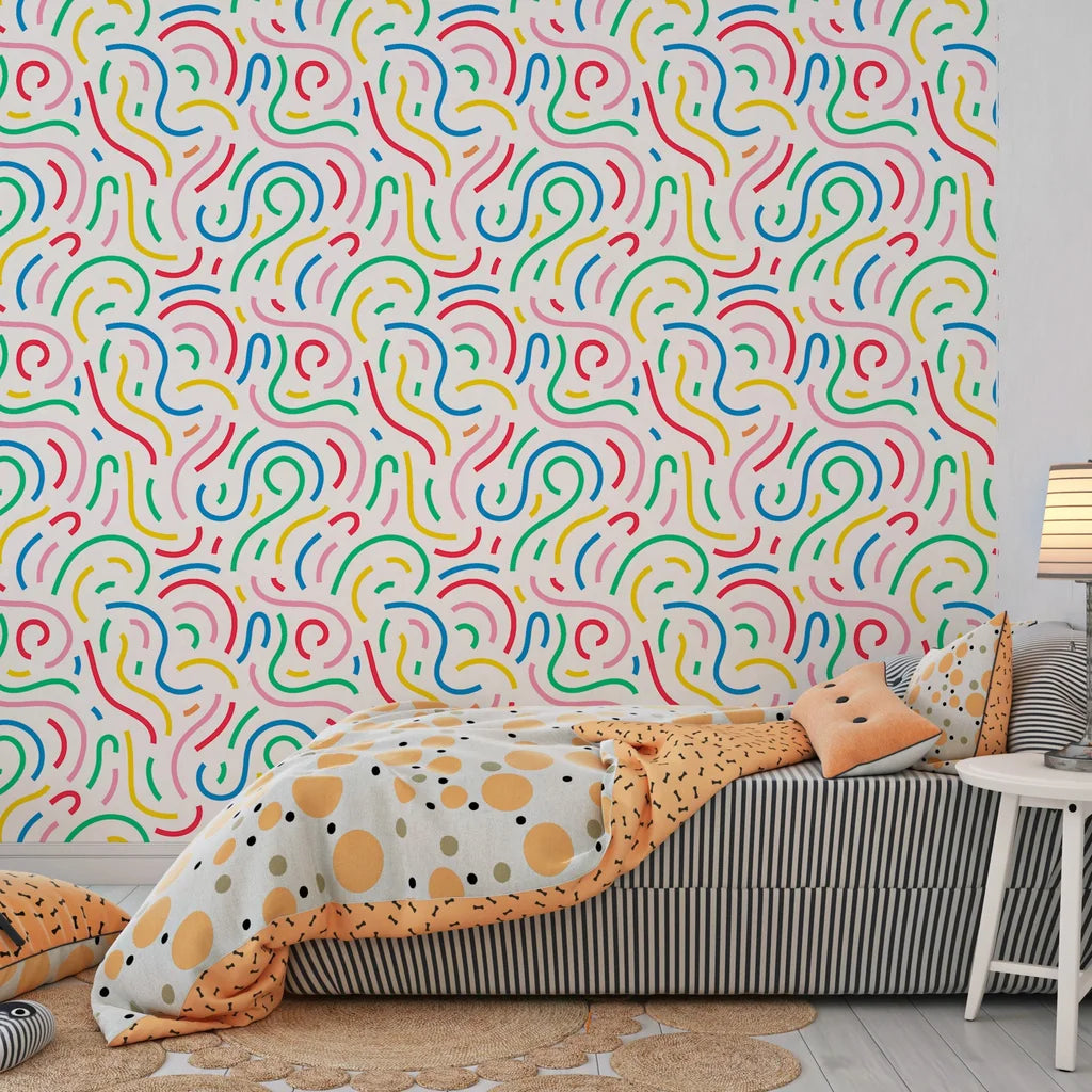 An abstract array of multicolored dotted arcs forms a contemporary removable wallpaper pattern. - Candy Currents