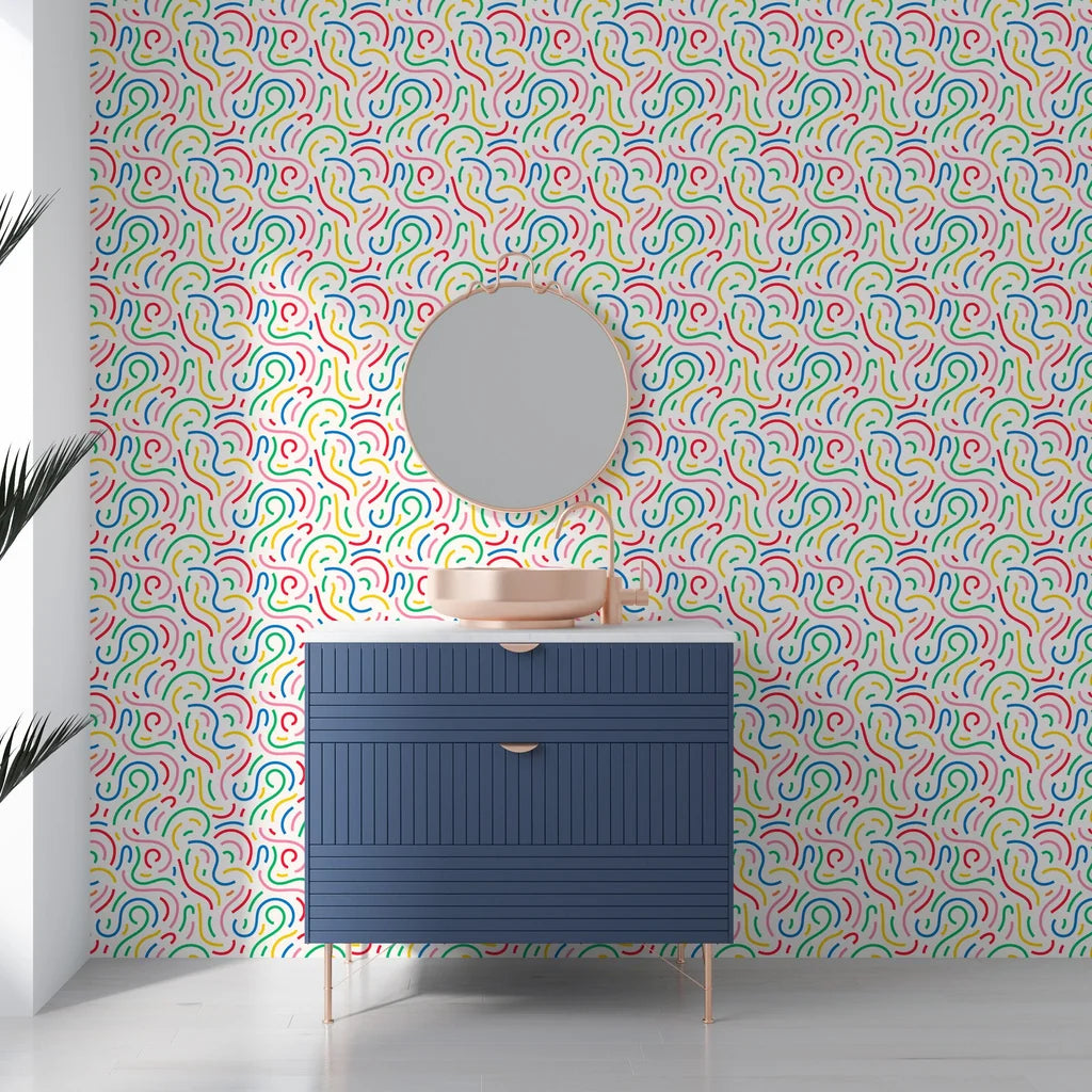 Sinuous trails of colorful stippled confetti sweep across a modern peel and stick surface. - Candy Currents