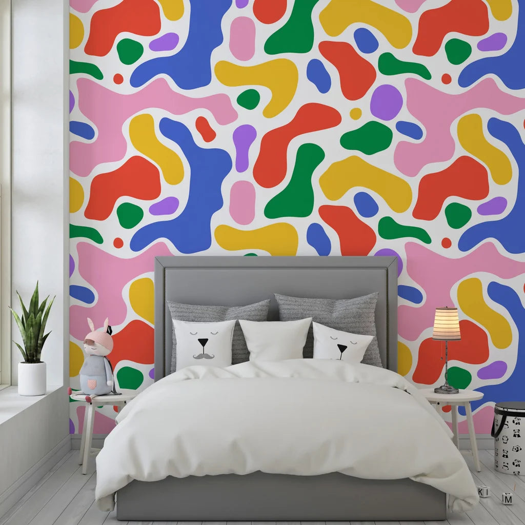 Vibrant flowing amorphous forms self-adhesive wall mural with a sleek finish - Candy Drift