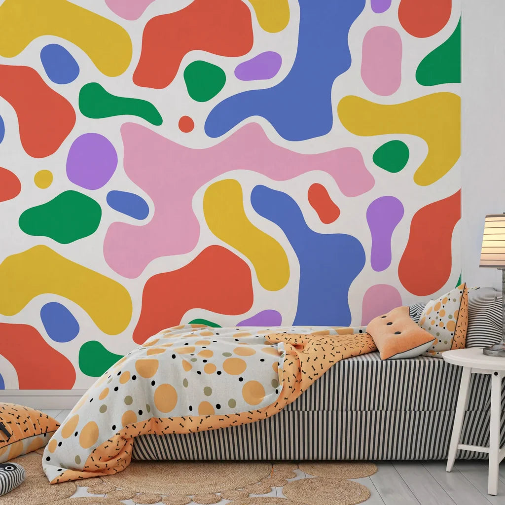 Multicolor fluid geometric shapes removable wallpaper featuring soft curved edges - Candy Drift