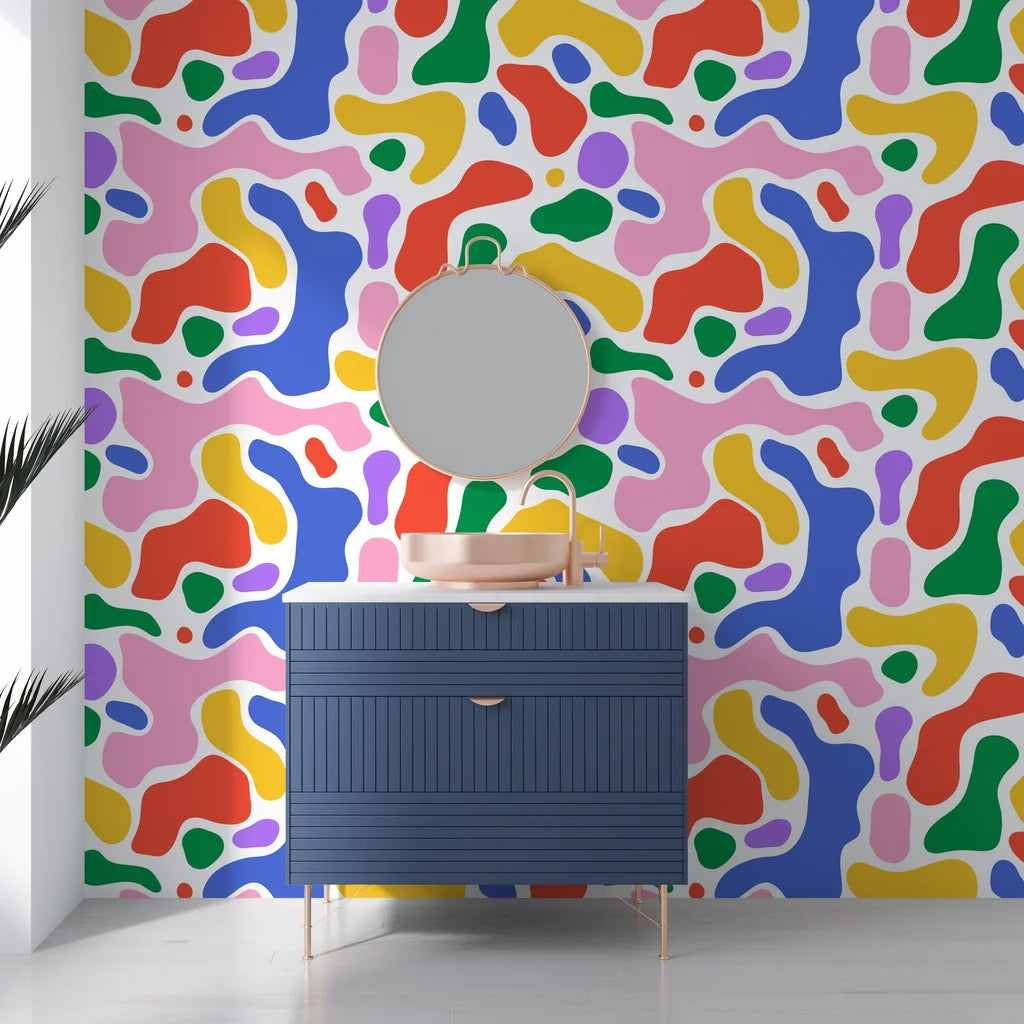 Modern bright organic splatter pattern peel-and-stick wall covering - Candy Drift