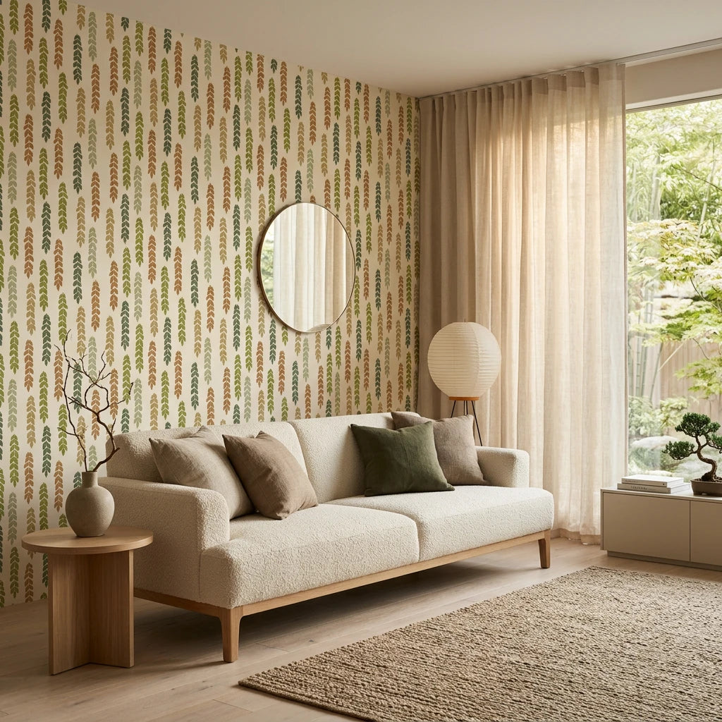 Canopy Fall earthy green leaf vine wallpaper in a warm and inviting living room