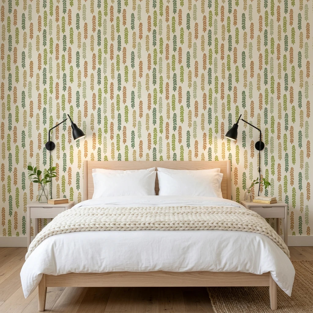 Canopy Fall earthy green leaf vine wallpaper adding character to a cozy bedroom