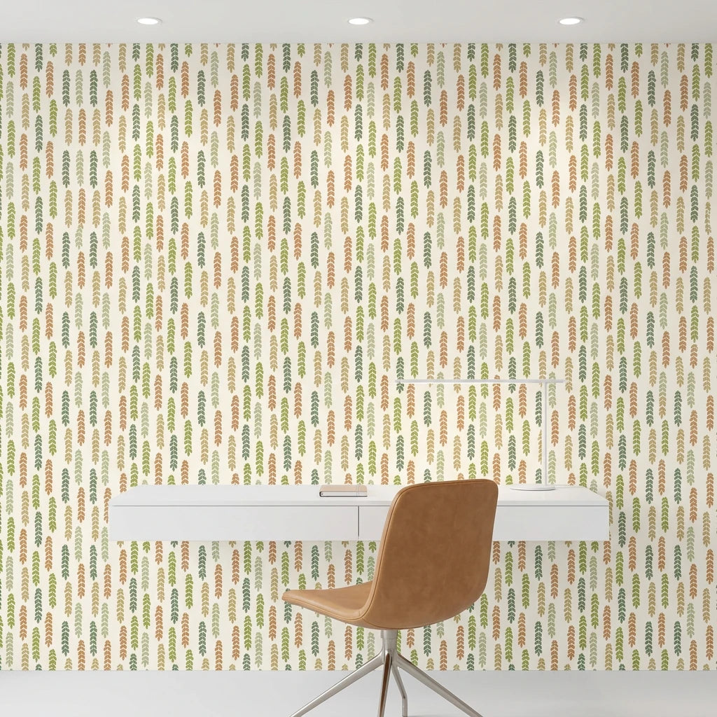 Canopy Fall earthy green leaf vine wallpaper as a feature wall in a bright home office