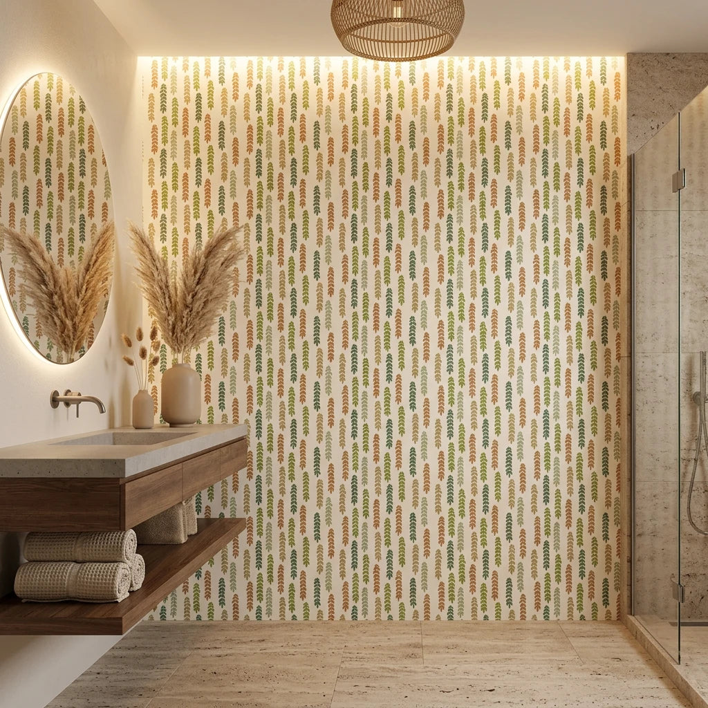 Canopy Fall earthy green leaf vine wallpaper creating ambiance in a serene bathroom