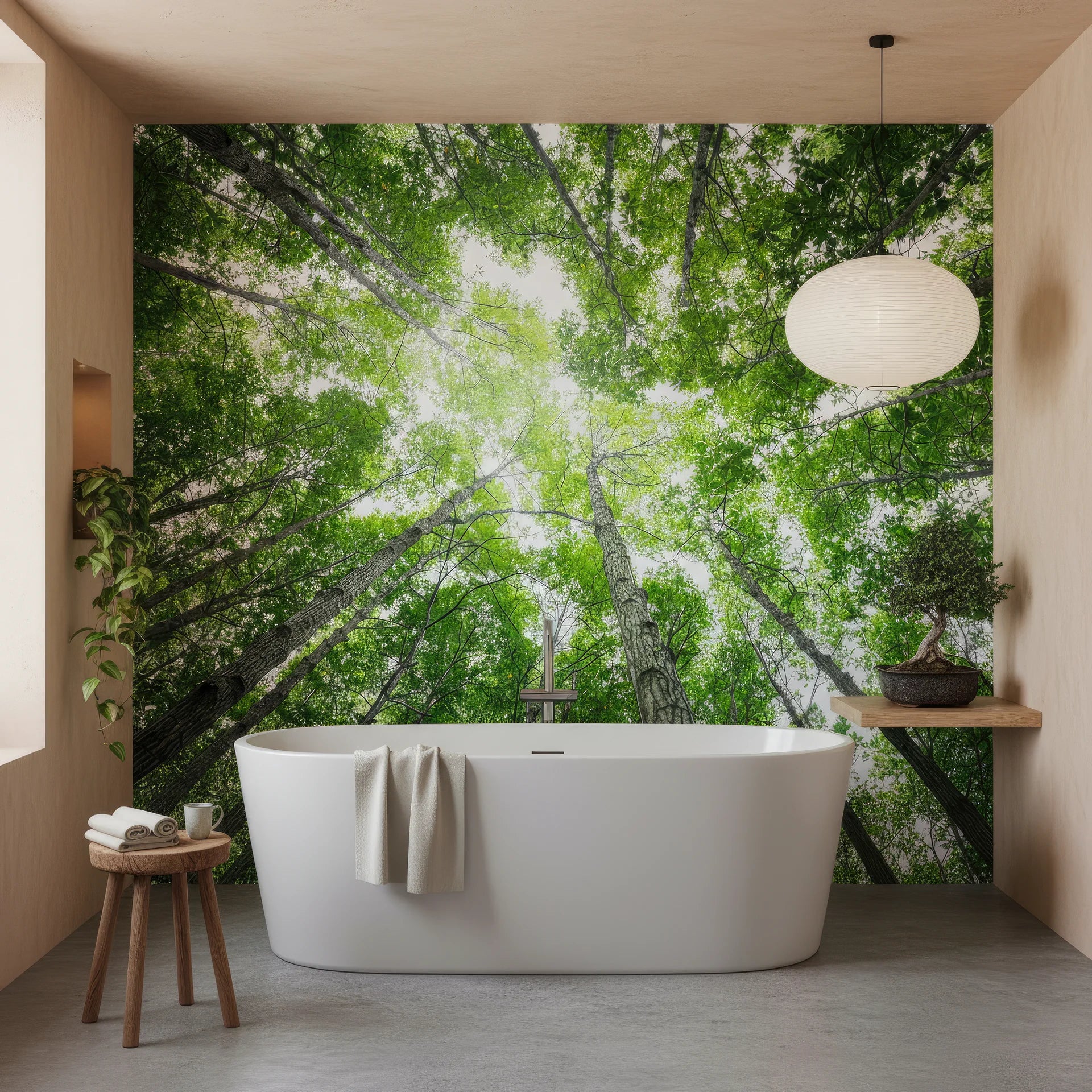 Looking up through tall forest canopy with green foliage texture peel and stick