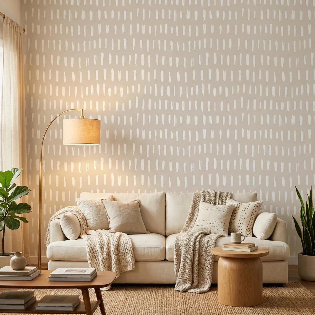 Canvas Dash minimalist line grid wallpaper in a warm and inviting living room