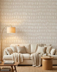 Canvas Dash minimalist line grid wallpaper in a warm and inviting living room