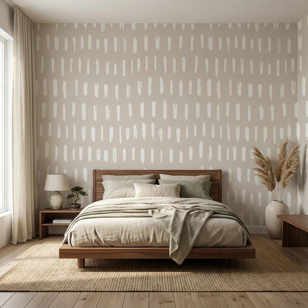 Canvas Dash minimalist line grid wallpaper adding character to a cozy bedroom