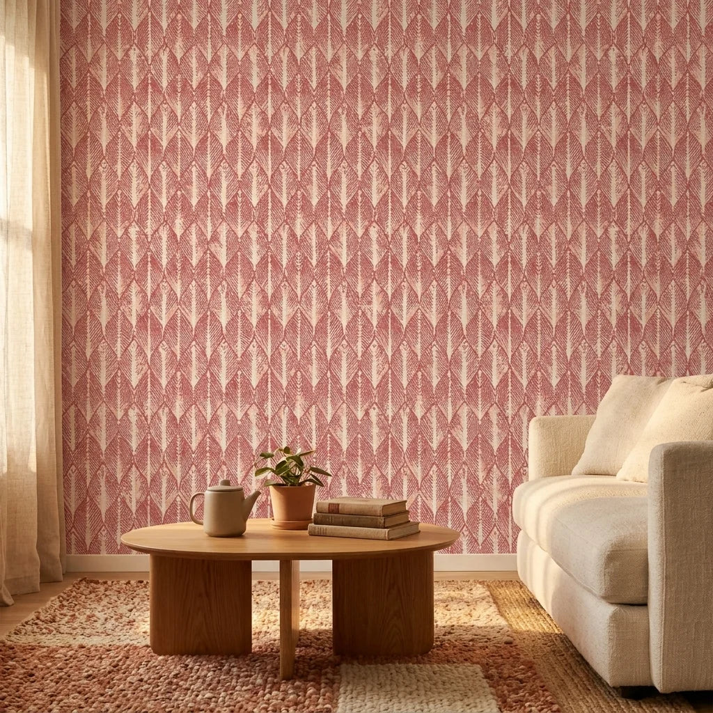 Canyon Ikat terracotta geometric peel and stick wallpaper in a warm and inviting living room