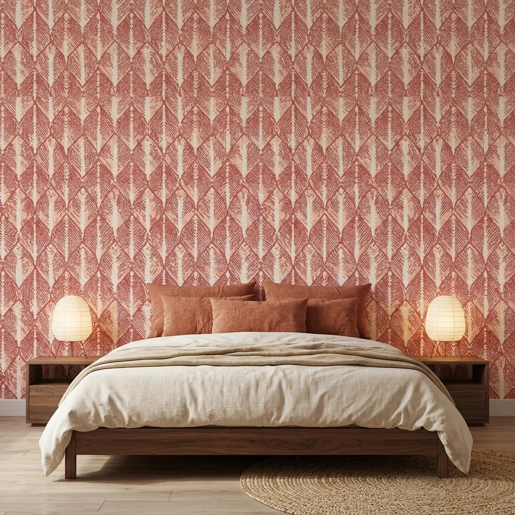 Canyon Ikat terracotta geometric peel and stick wallpaper adding character to a cozy bedroom