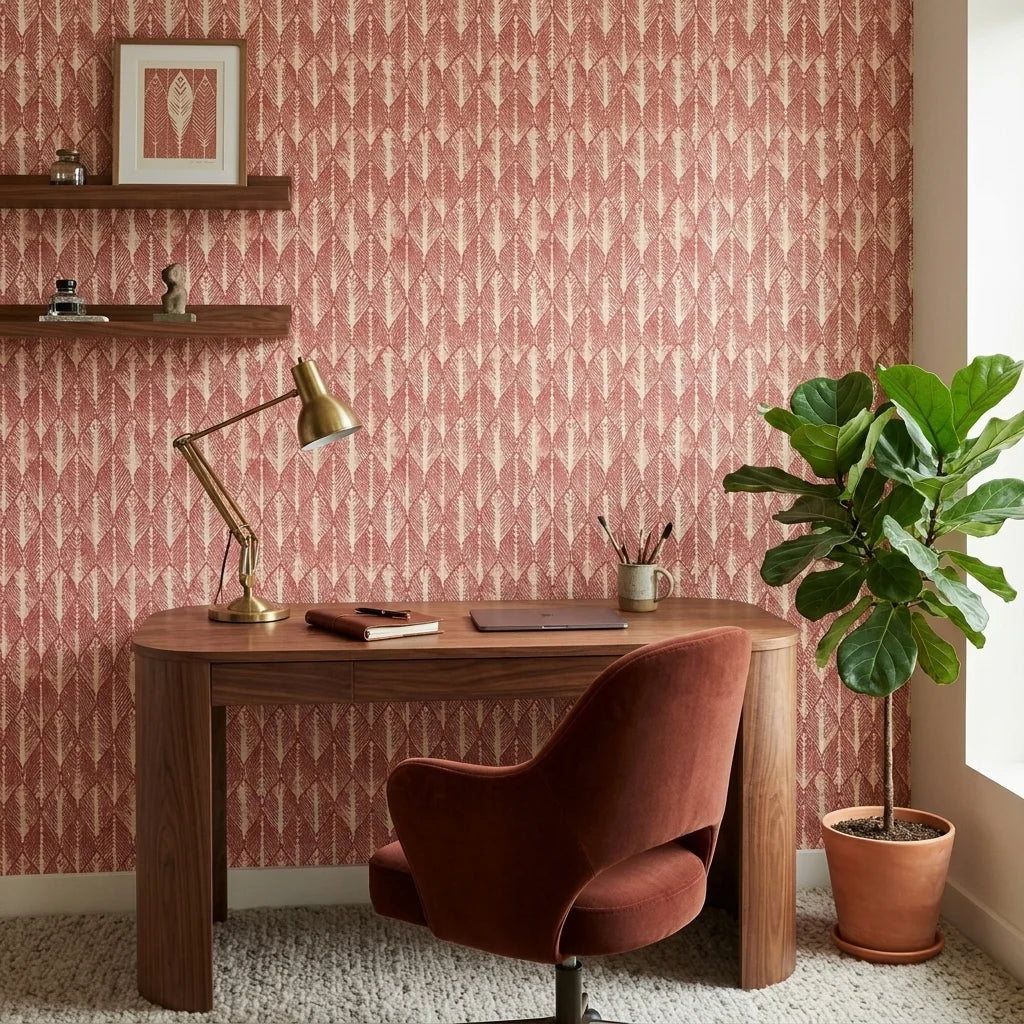 Canyon Ikat terracotta geometric peel and stick wallpaper as a feature wall in a bright home office