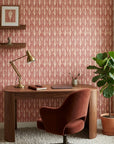 Canyon Ikat terracotta geometric peel and stick wallpaper as a feature wall in a bright home office