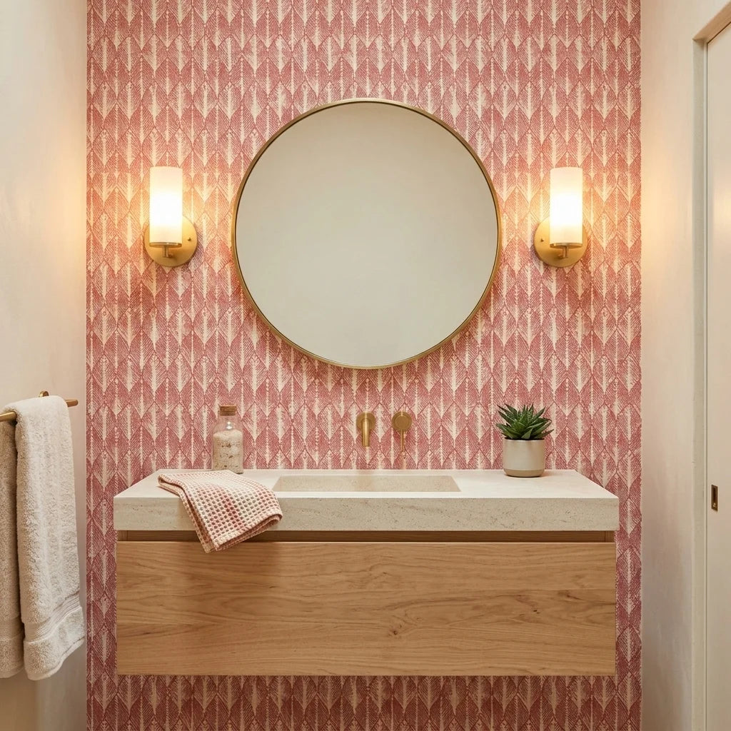 Canyon Ikat terracotta geometric peel and stick wallpaper creating ambiance in a serene bathroom