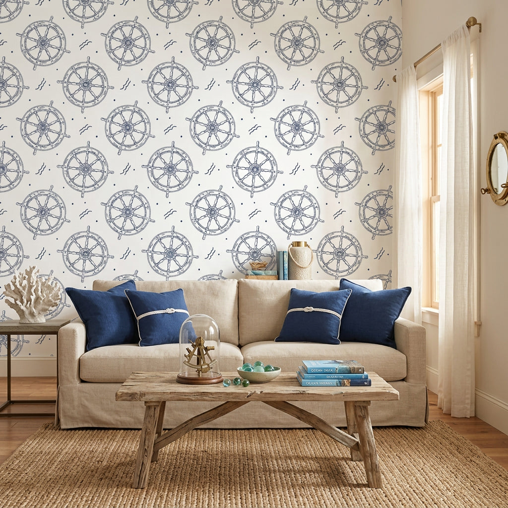 Captain's Wheel navy nautical ship wheel wallpaper in a warm and inviting living room