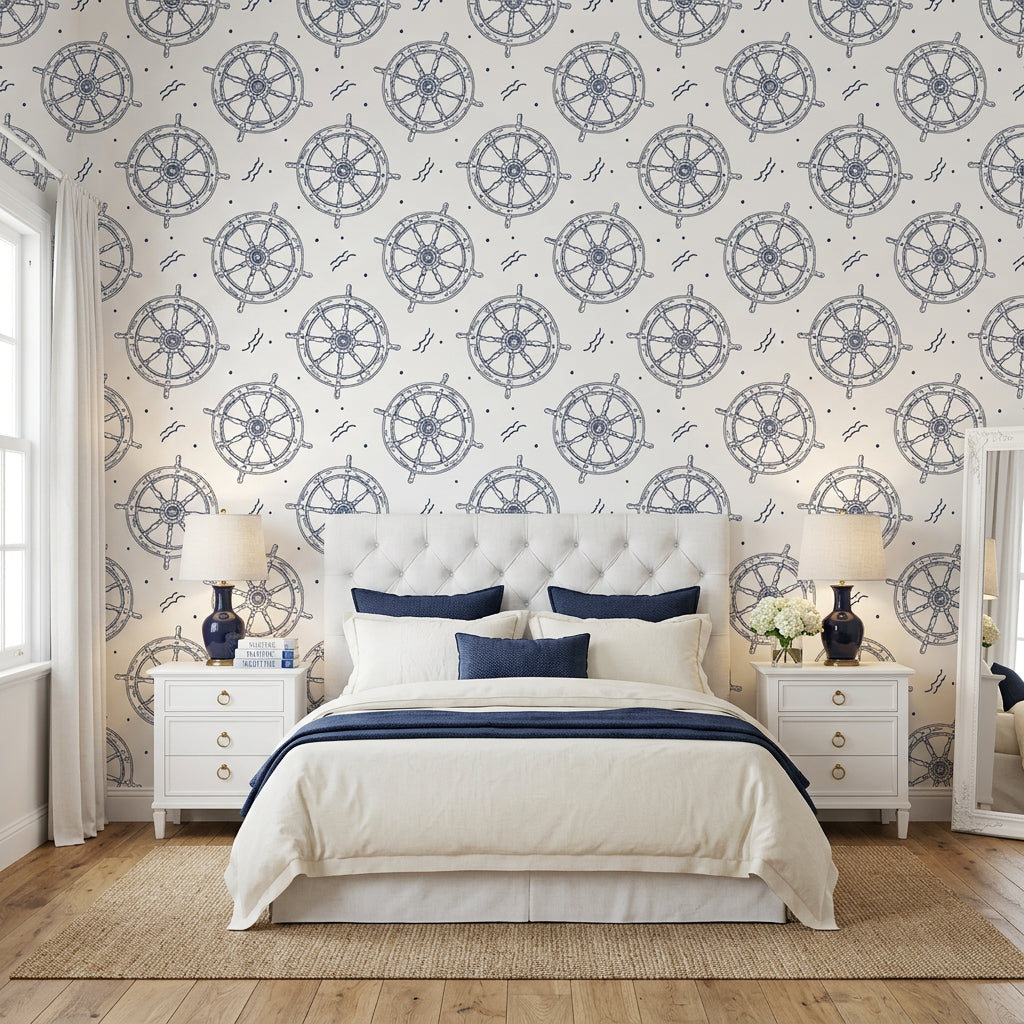 Captain's Wheel navy nautical ship wheel wallpaper adding character to a cozy bedroom