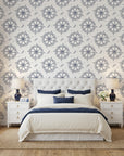 Captain's Wheel navy nautical ship wheel wallpaper adding character to a cozy bedroom
