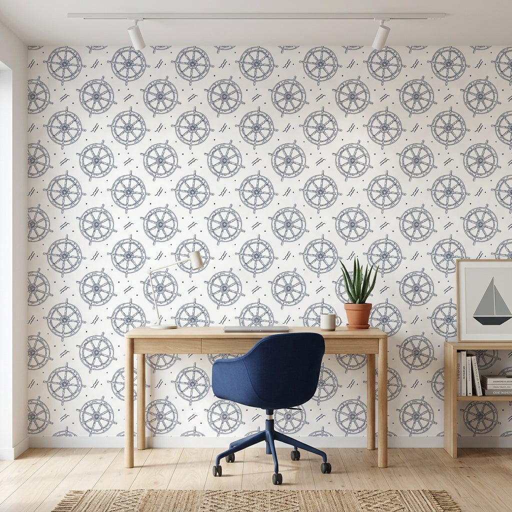 Captain's Wheel navy nautical ship wheel wallpaper as a feature wall in a bright home office