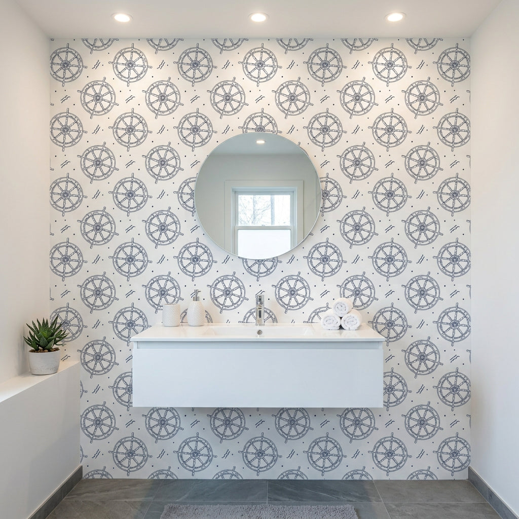 Captain's Wheel navy nautical ship wheel wallpaper creating ambiance in a serene bathroom