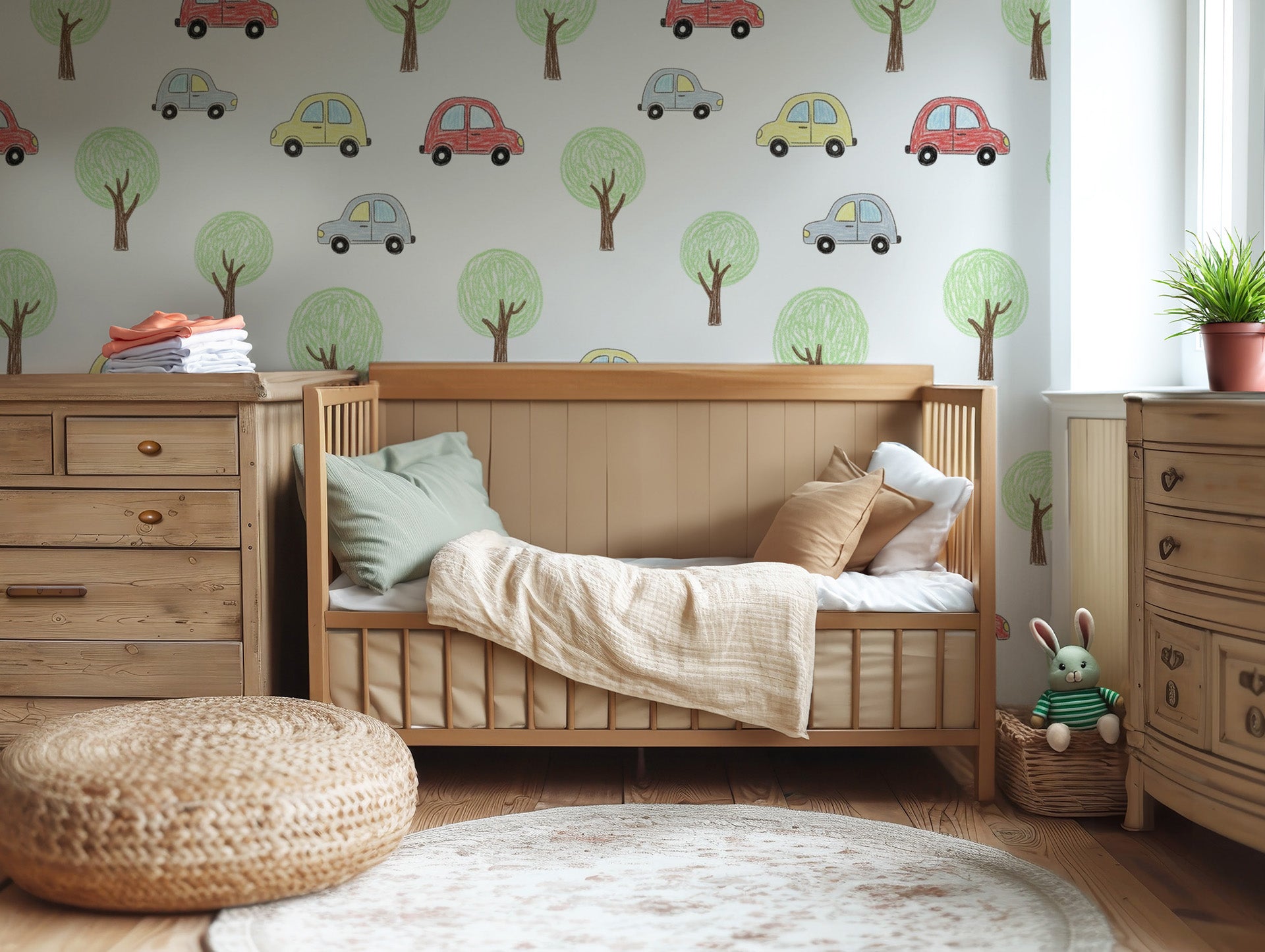 A playful crayon-drawn landscape featuring colorful cars and green trees on a clean white backdrop.